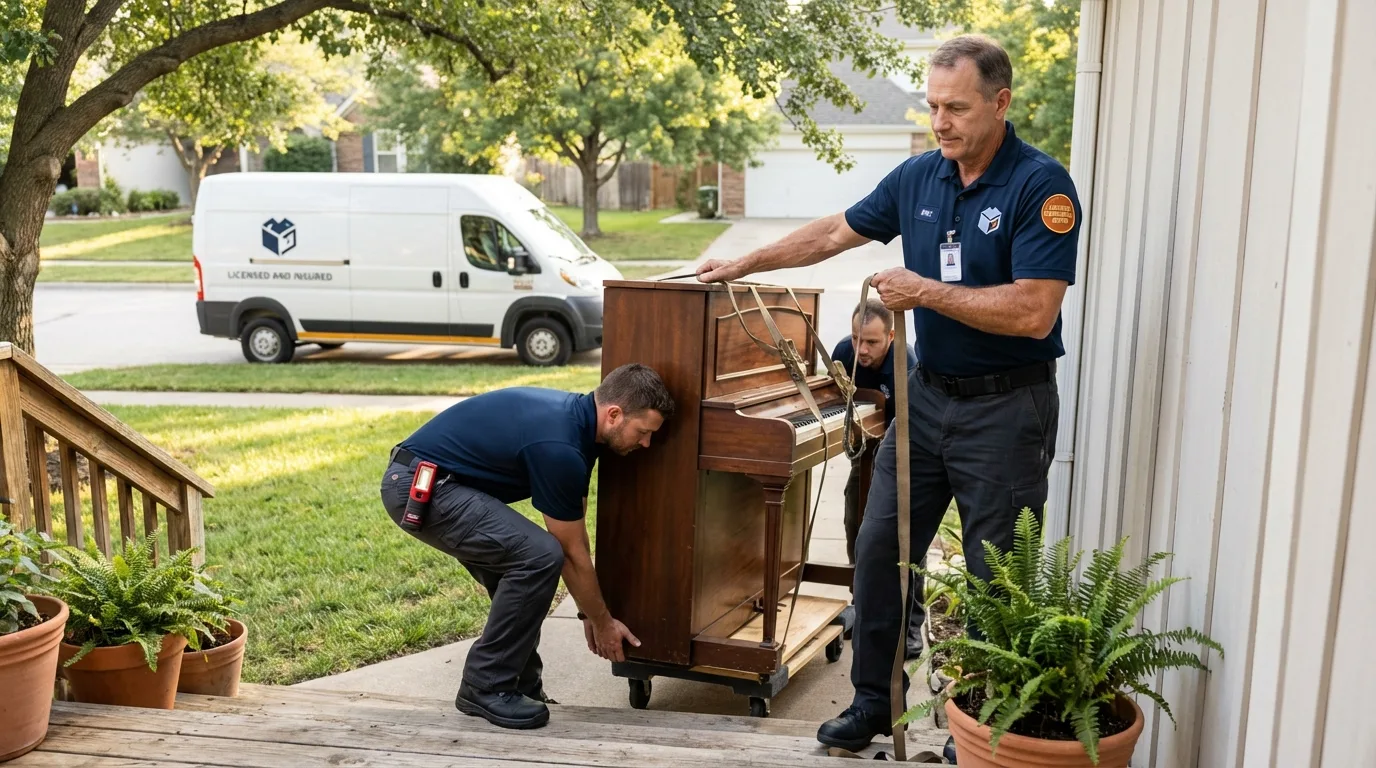 Licensed piano movers securing grand piano in Garner, IA
