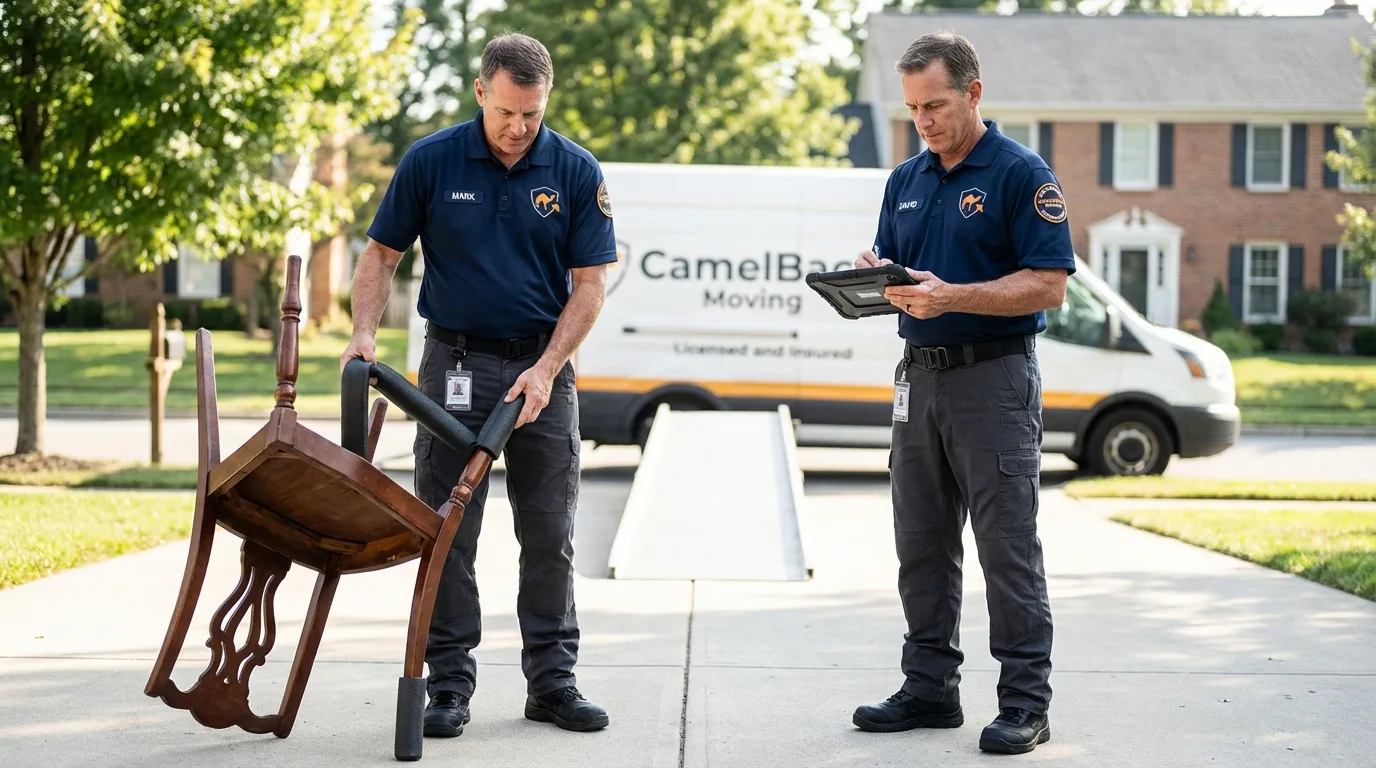 Movers inspecting furniture for damage prevention before loading in Garner, IA