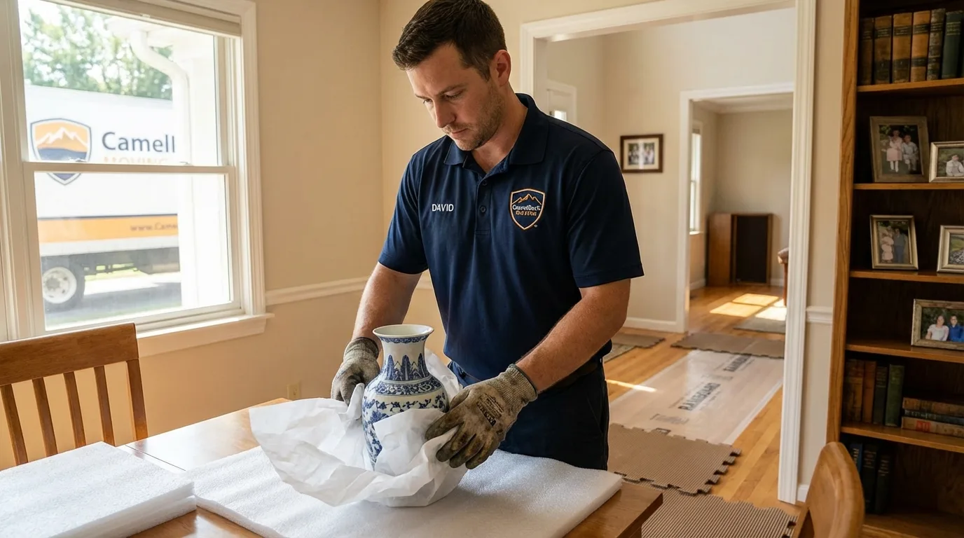 Professional crew carefully wrapping antique vase for senior downsizing move in Garner, IA