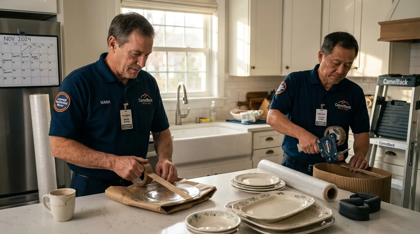 Professional crew packing kitchen dishware in Garner, IA